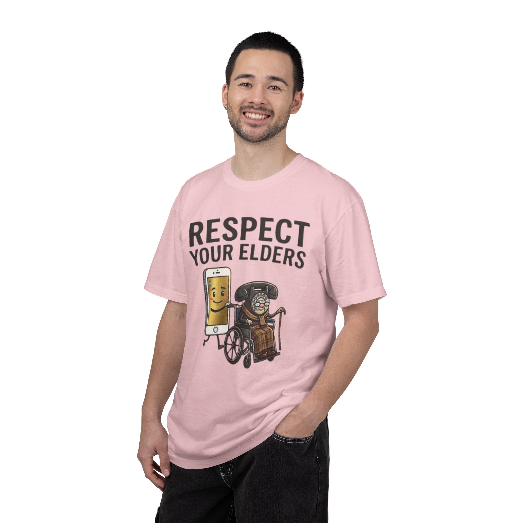 Respect Your Elders T-Shirt  Funny Retro Phone and Wheelchair Graphic Tee