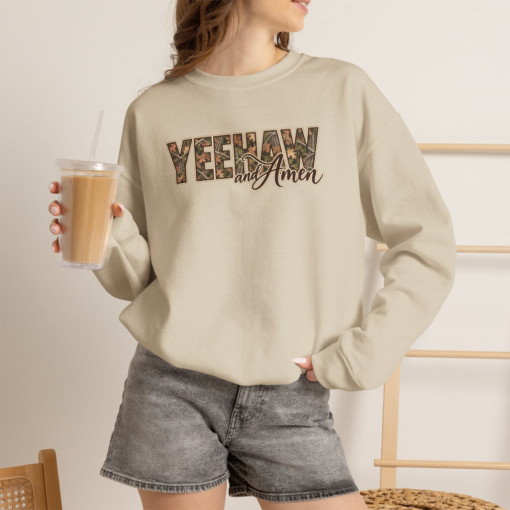Yeehaw and Amen Camo Sweatshirt, Southern Christian Shirt, Western Cowgirl Sweatshirt, Country Faith Gift, Rustic Graphic Tee