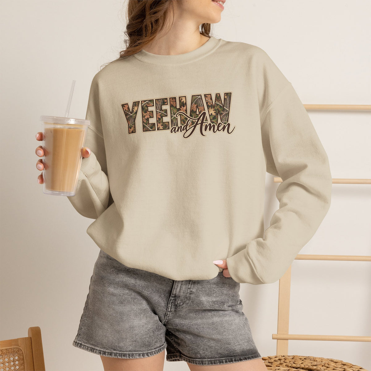 Yeehaw and Amen Camo Sweatshirt, Southern Christian Shirt, Western Cowgirl Sweatshirt, Country Faith Gift, Rustic Graphic Tee