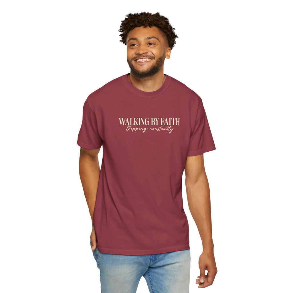 Walking by Faith T Shirt Christian Inspirational Tee Walking by Faith, tripping constantly