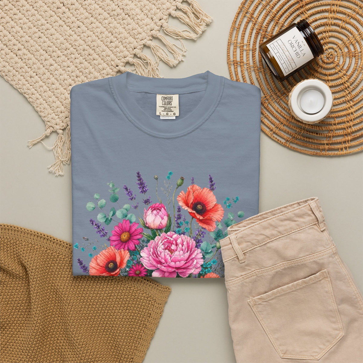 Floral Bouquet T Shirt  Pink Peony and Poppy Garden Tee