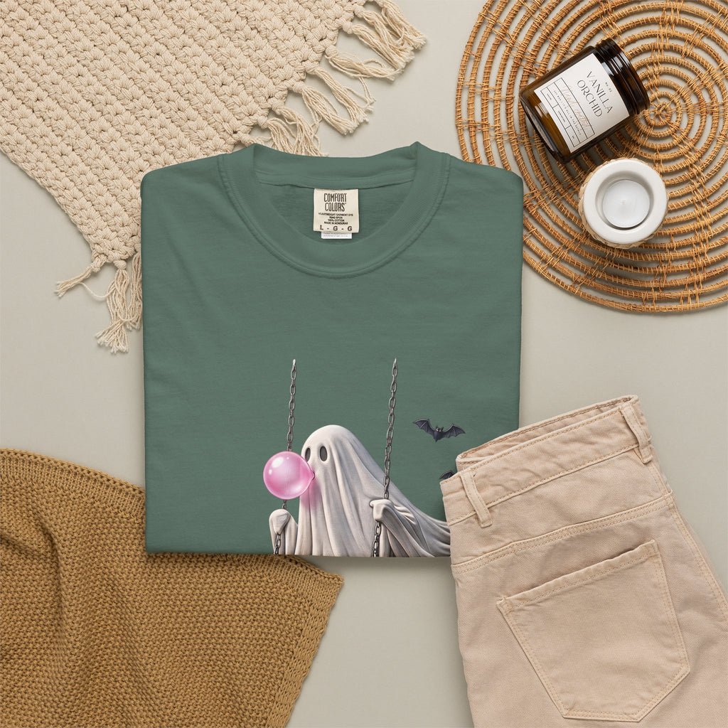Ghost on Swing Tee Shirt | Cute Halloween Ghost Blowing Bubblegum, Bats