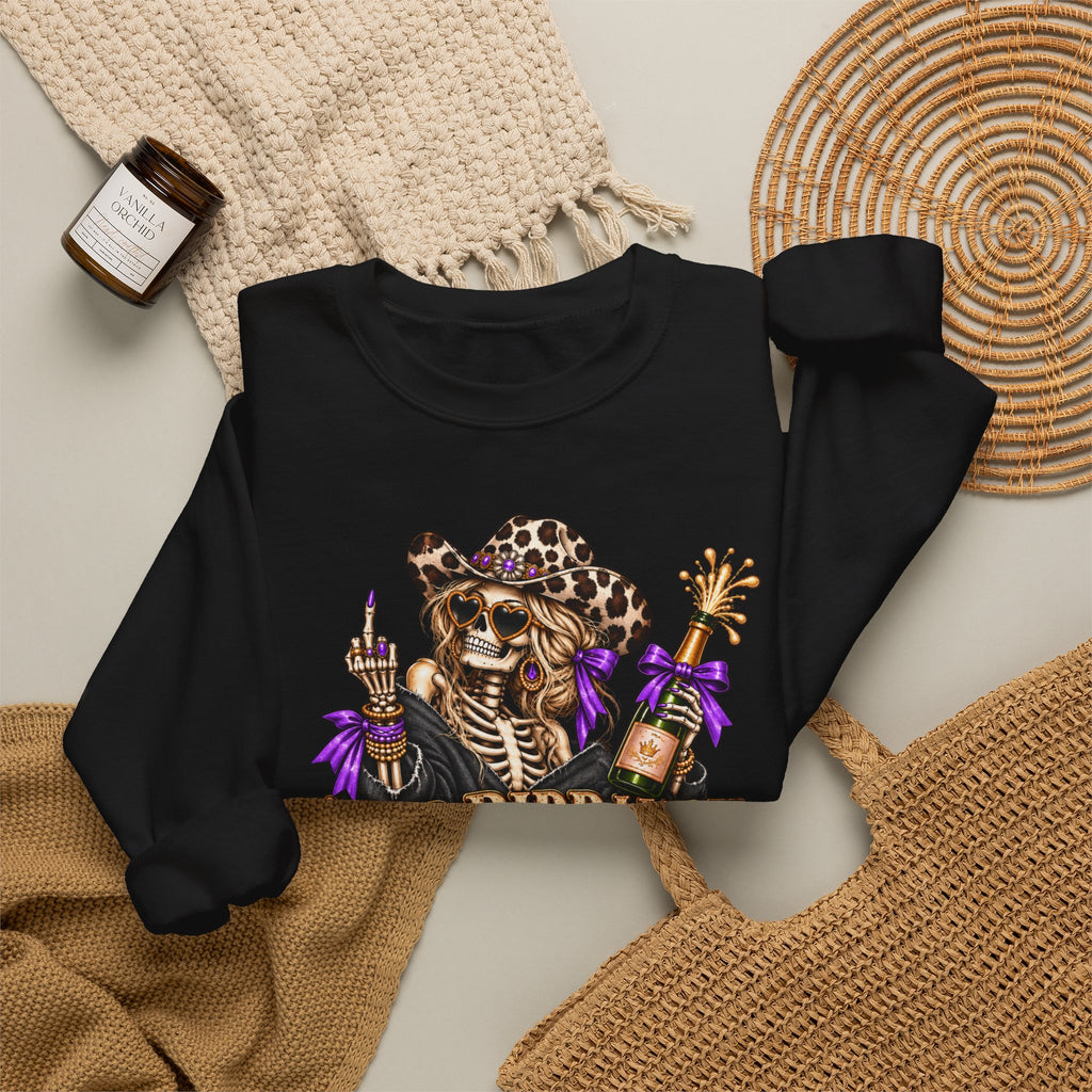 Good Riddance 2026 Sweatshirt, Funny New Years Eve Outfit, Sassy Skeleton Cowgirl Crewneck, Western Leopard Print Shirt, Sarcastic Gift