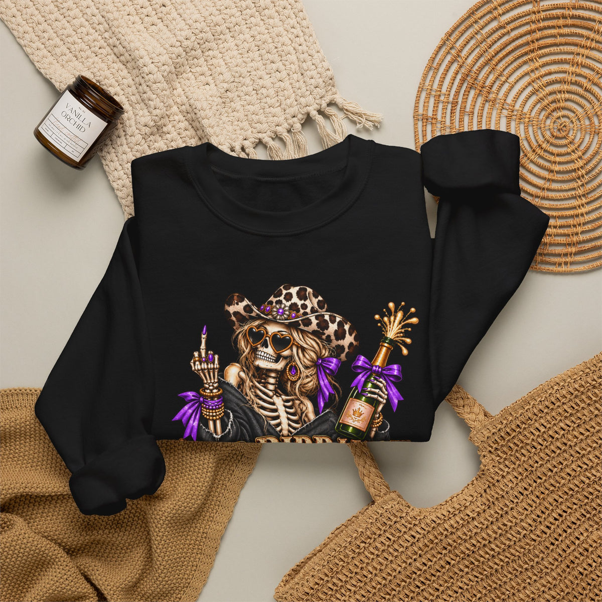 Good Riddance 2026 Sweatshirt, Funny New Years Eve Outfit, Sassy Skeleton Cowgirl Crewneck, Western Leopard Print Shirt, Sarcastic Gift