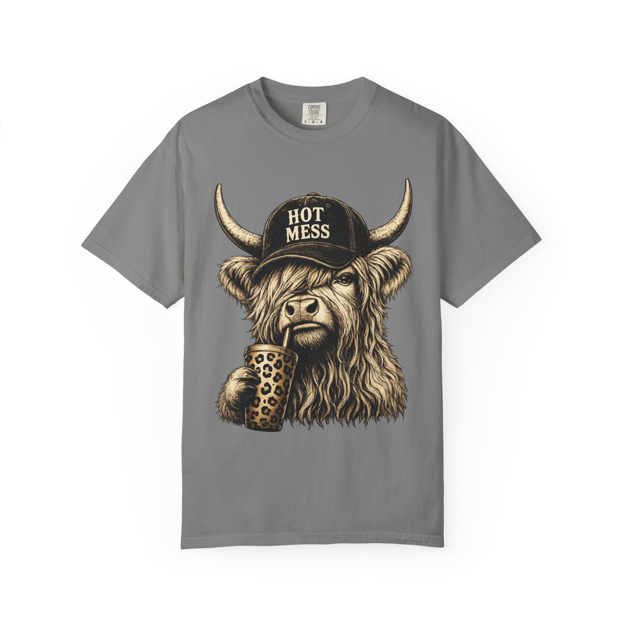 Hot Mess Highland Cow T Shirt Funny Cow with Coffee Graphic