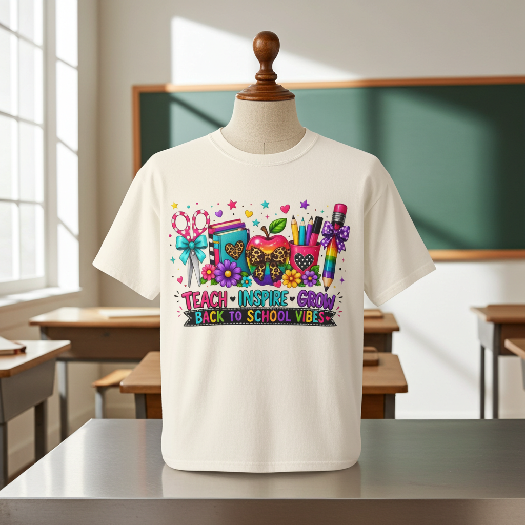 Back to School Teacher T Shirt Teach  Inspire  Grow Colorful School Supplies Tee